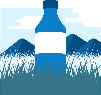 Ilustración de una botella con montañas de fondo