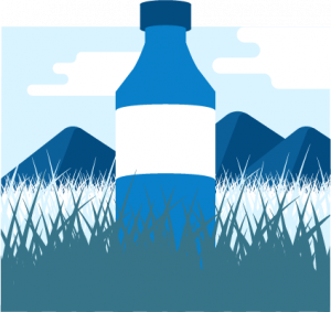 Ilustración de una botella con montañas de fondo
