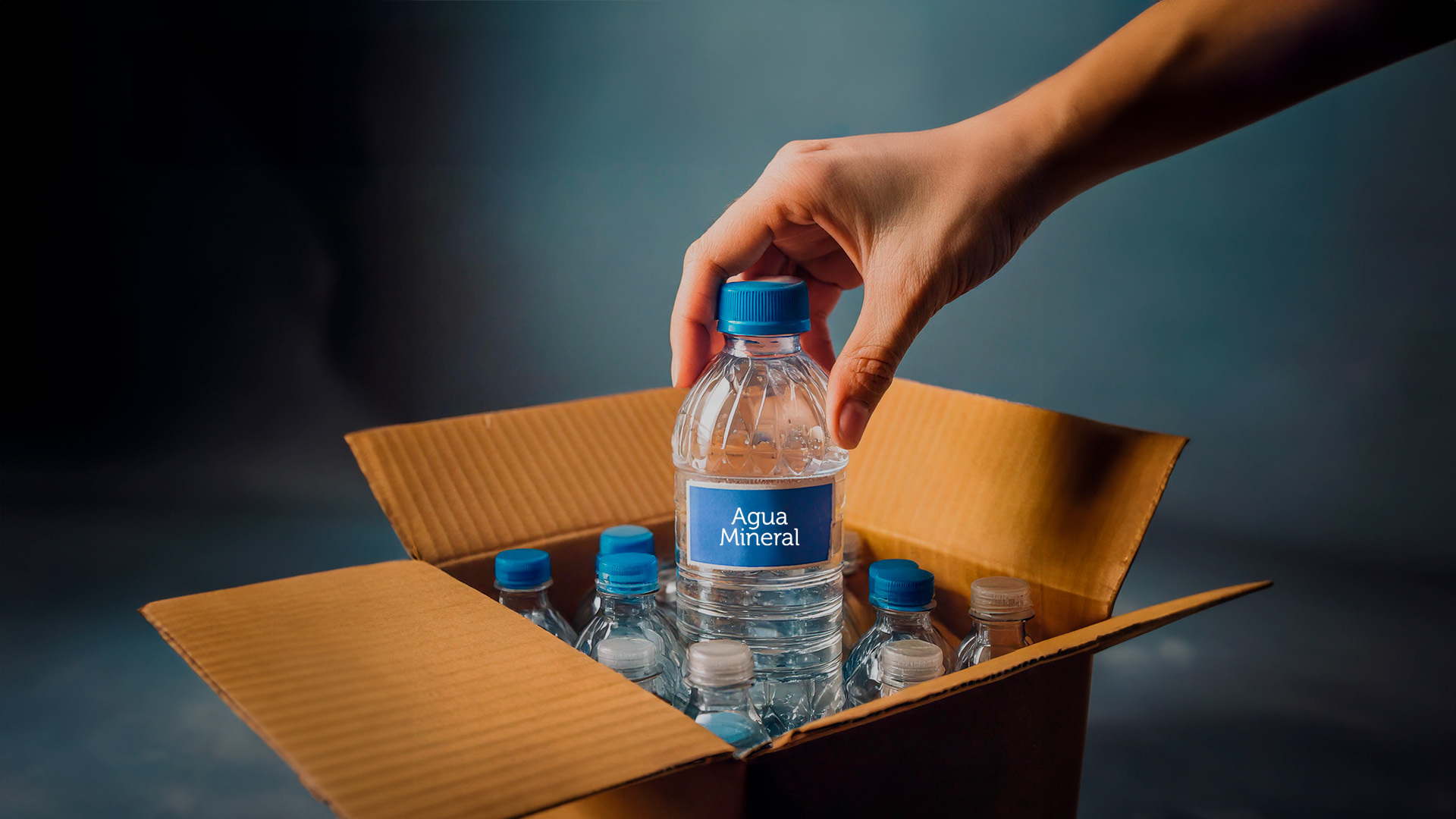 Persona extrae botella de agua de una caja